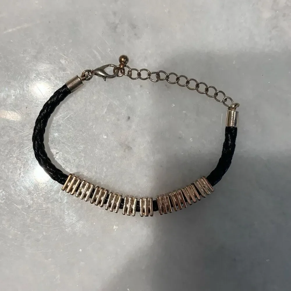 Vtg Zara Braided Rope Leather Cord Linked Square Disc Bracelet Goldtone Black OS